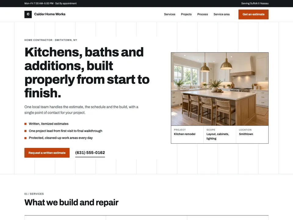 Desktop view of the Calder Home Works demo website